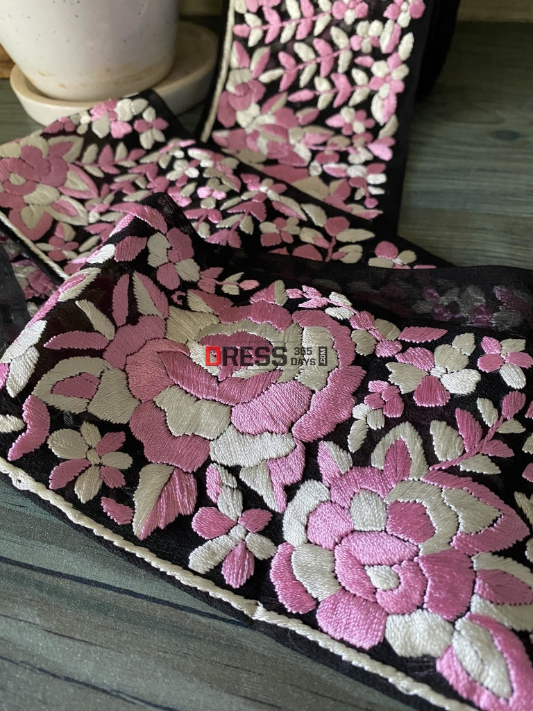 Pink & Ivory Parsi Gara Hand Embroidered Border