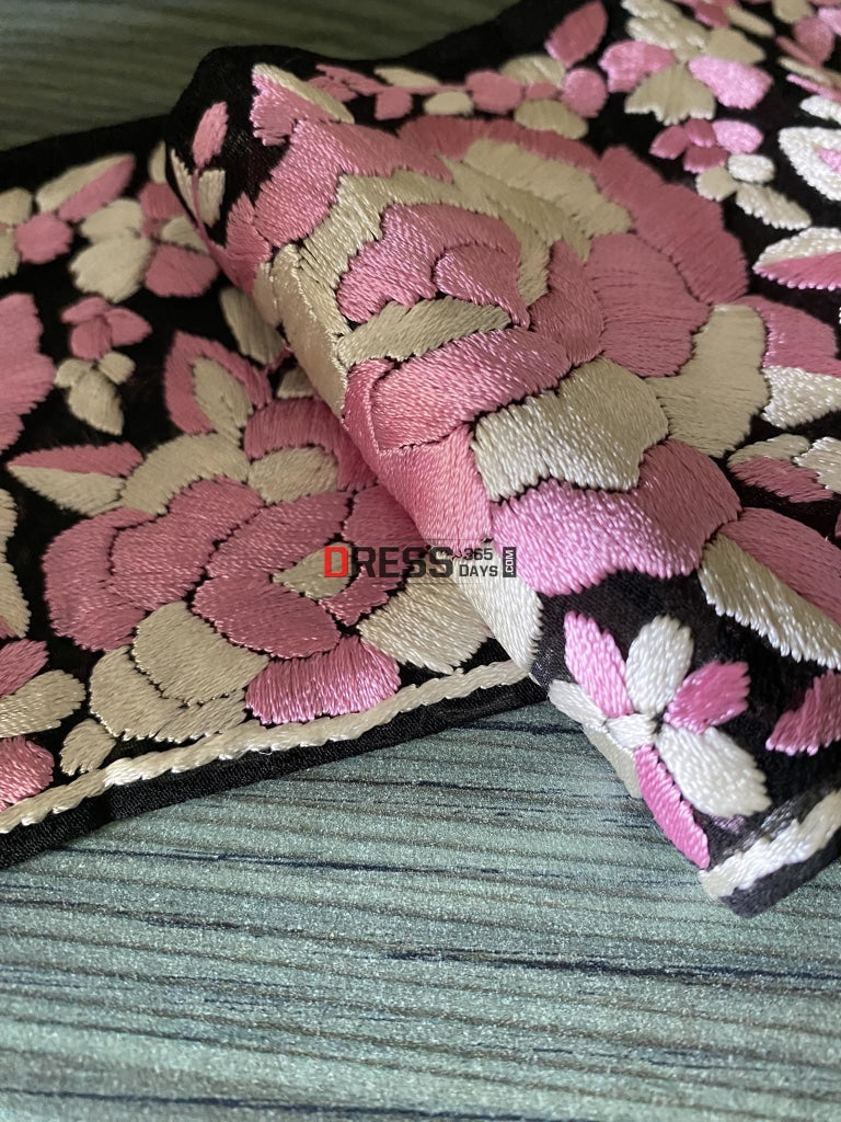 Pink & Ivory Parsi Gara Hand Embroidered Border