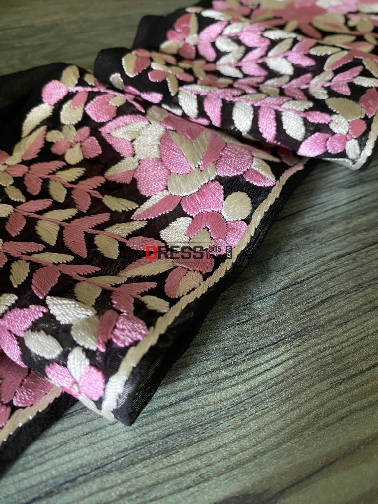 Pink & Ivory Parsi Gara Hand Embroidered Border