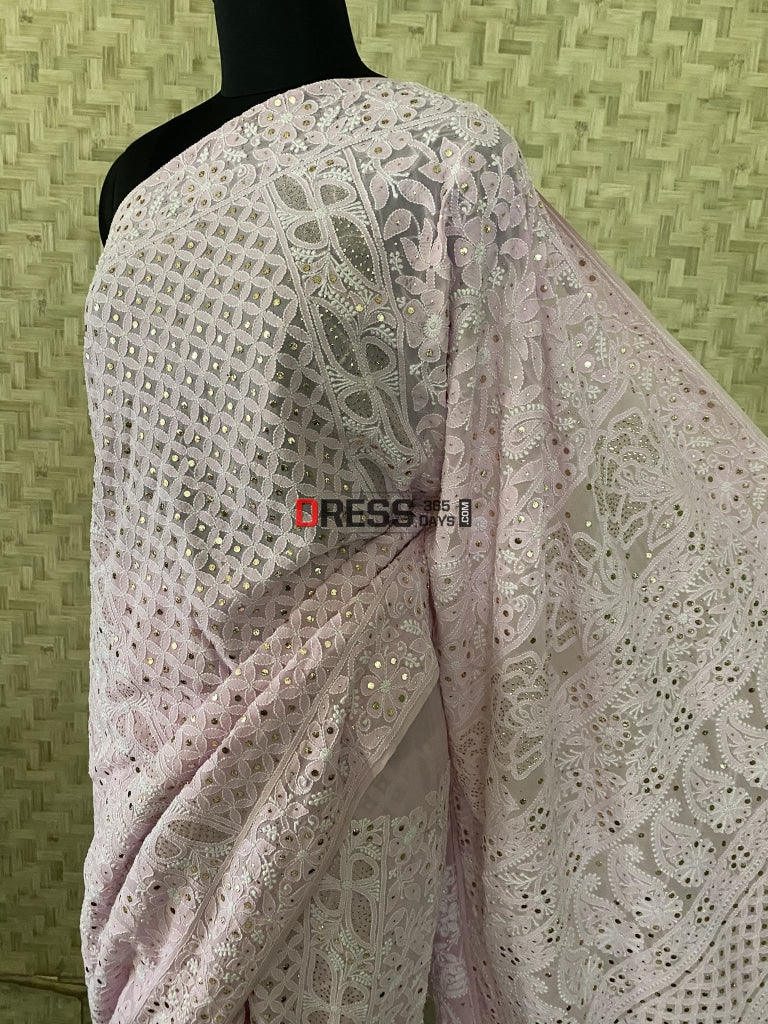 Pink Lucknowi Chikankari Mukaish Saree