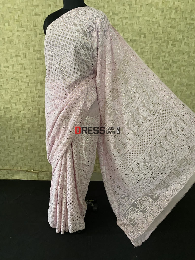 Pink Lucknowi Chikankari Mukaish Saree