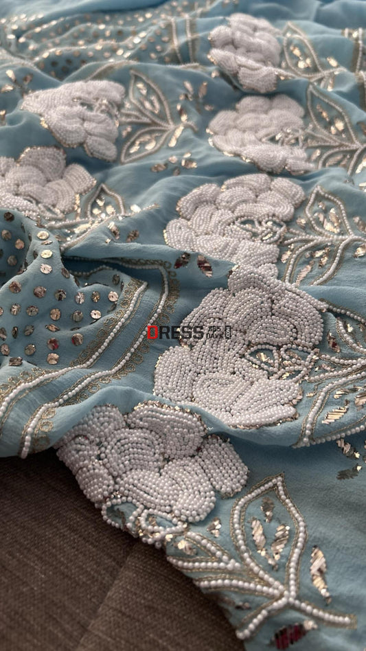 Powder Blue Kamdani & Pearl Kurta Dupatta Set Chikankari Suits