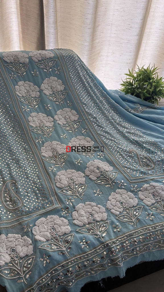 Powder Blue Kamdani & Pearl Kurta Dupatta Set Chikankari Suits