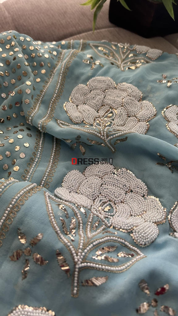 Powder Blue Kamdani & Pearl Kurta Dupatta Set Chikankari Suits