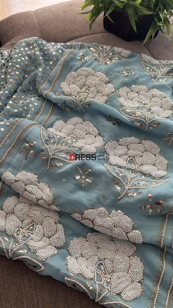 Powder Blue Kamdani & Pearl Kurta Dupatta Set Chikankari Suits