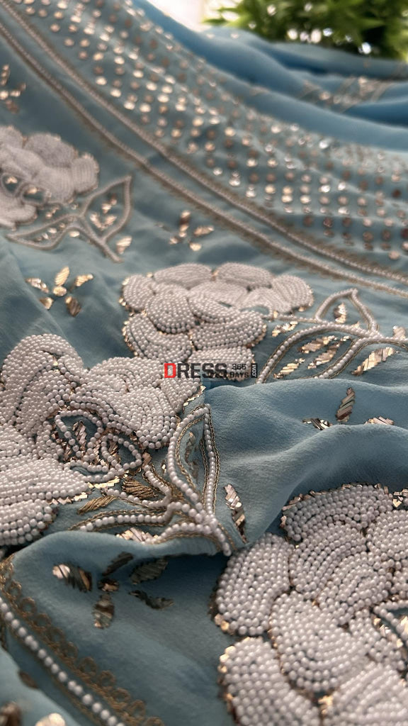 Powder Blue Kamdani & Pearl Kurta Dupatta Set Chikankari Suits