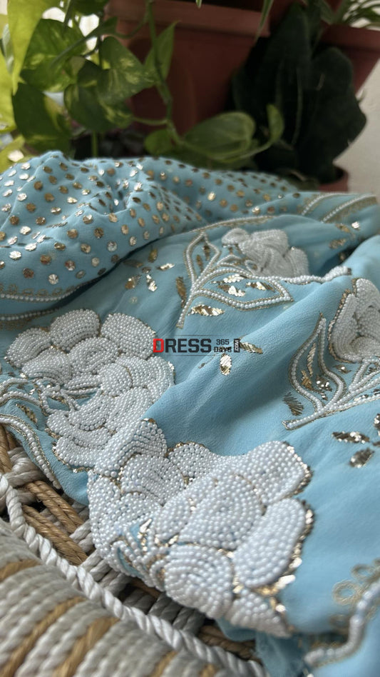 Powder Blue Kamdani & Pearl Kurta Dupatta Set Chikankari Suits