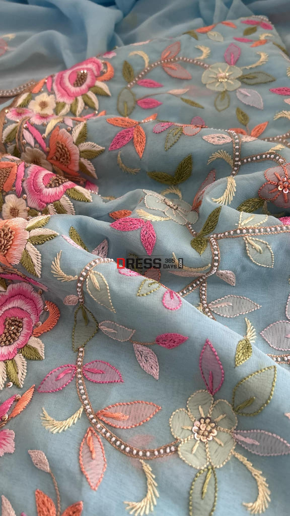 Powder Blue Parsi Gara & Chikankari Pearl Suit Suits