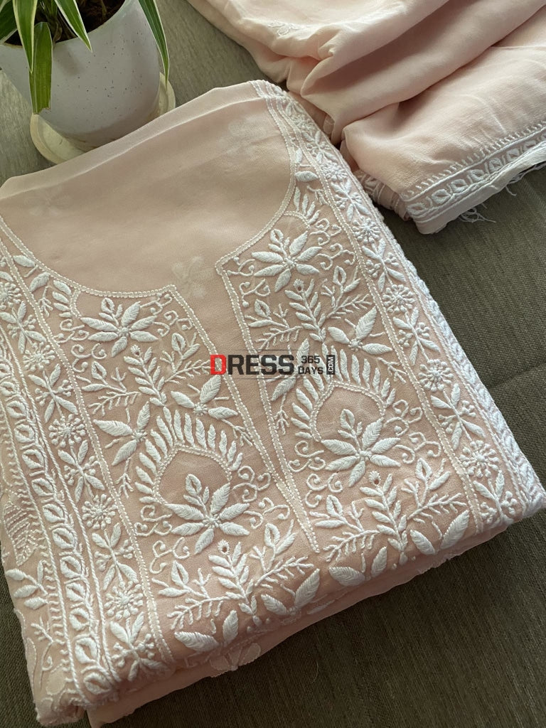 Powder Pink Fine Chikankari Kurta Dupatta Set Suits