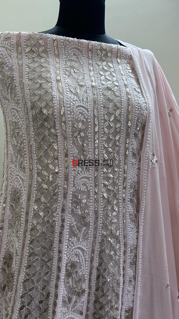 Powder Pink Gota Patti & Pearl Chikankari Anarkali Suit