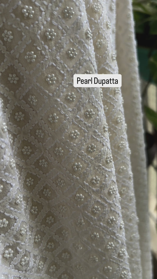 Ivory White Pearl Chikankari Dupatta (Pure Georgette)