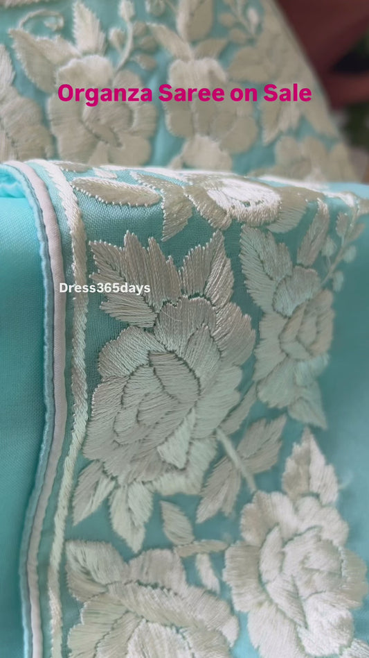 Blue Organza Parsi Gara Saree