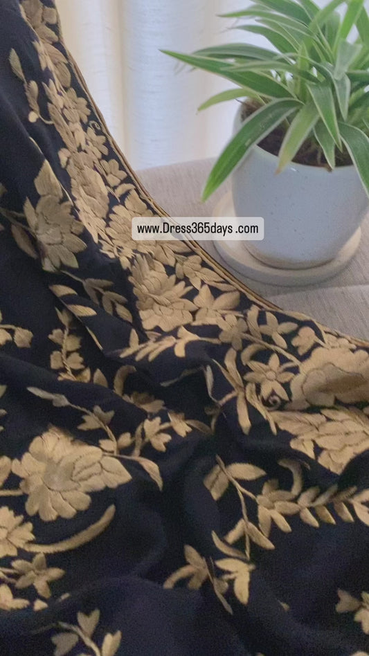 Black & Gold Parsi Gara Dupatta - Crepe Silk