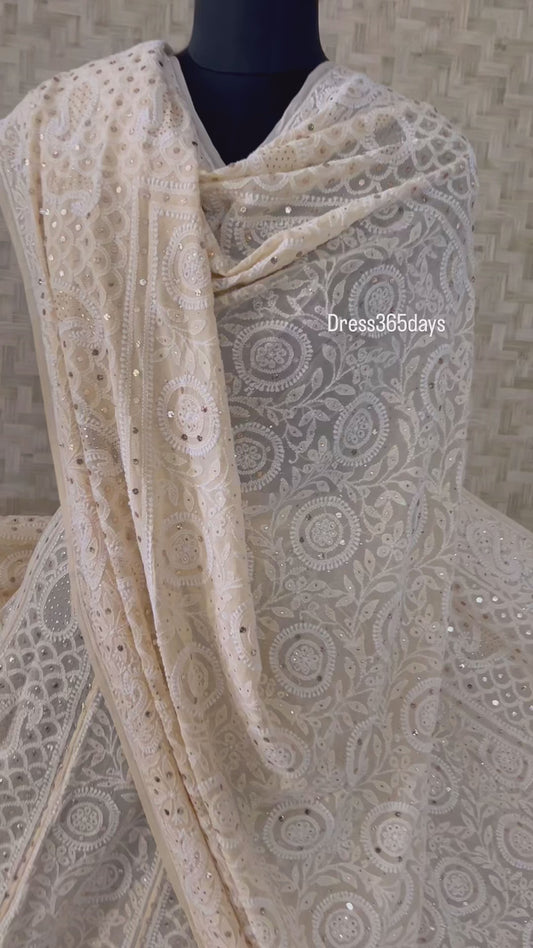 Beige Mukaish Lucknowi Chikankari Lehenga Set