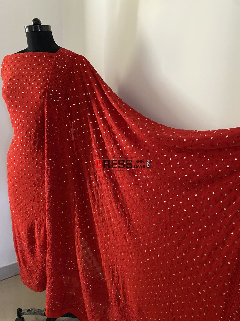 Red Front And Back Chikankari Suit With Embroidered Dupatta - Karwa Chauth Collection Suits