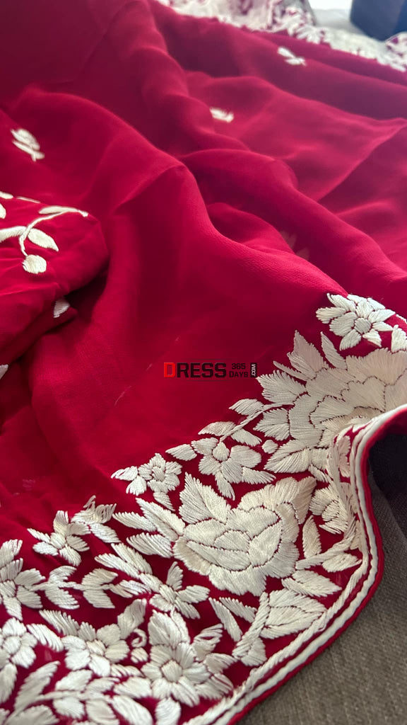 Red & Ivory Parsi Gara Suit (Three Piece) Suits