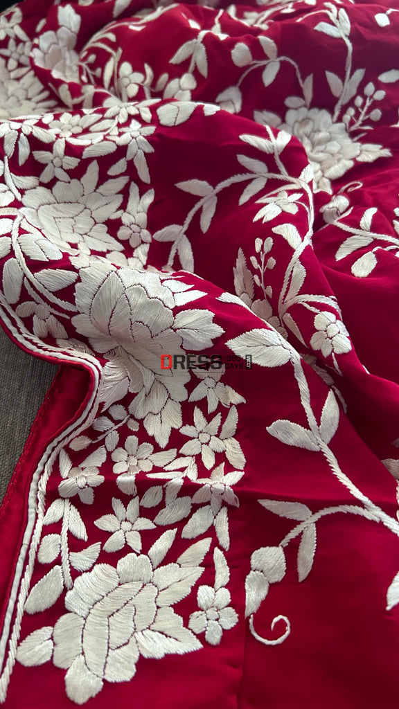 Red & Ivory Parsi Gara Suit (Three Piece) Suits