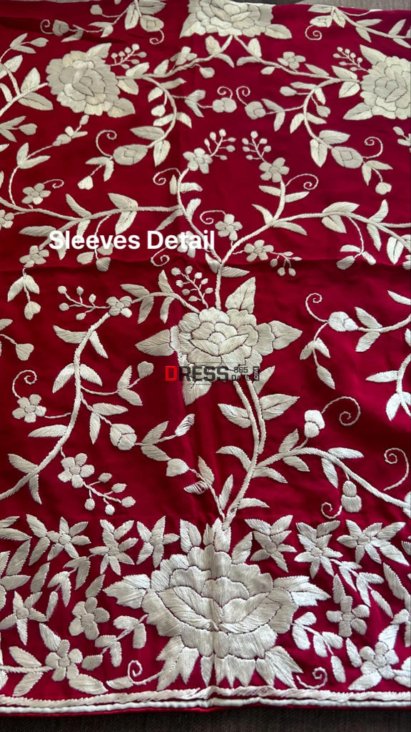 Red & Ivory Parsi Gara Suit (Three Piece) Suits