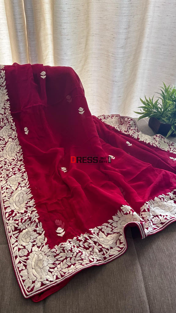 Red & Ivory Parsi Gara Suit (Three Piece) Suits