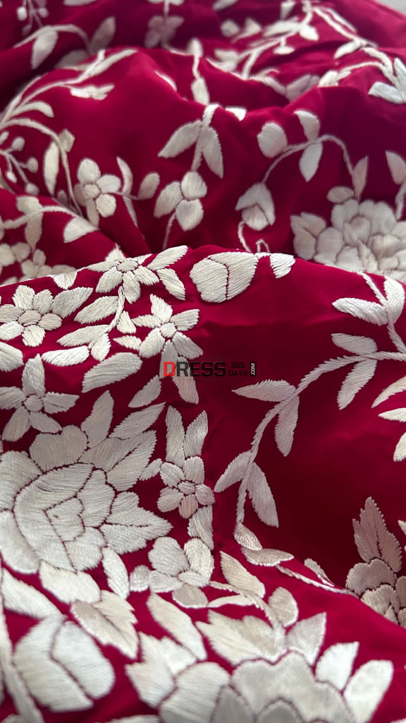 Red & Ivory Parsi Gara Suit (Three Piece) Suits