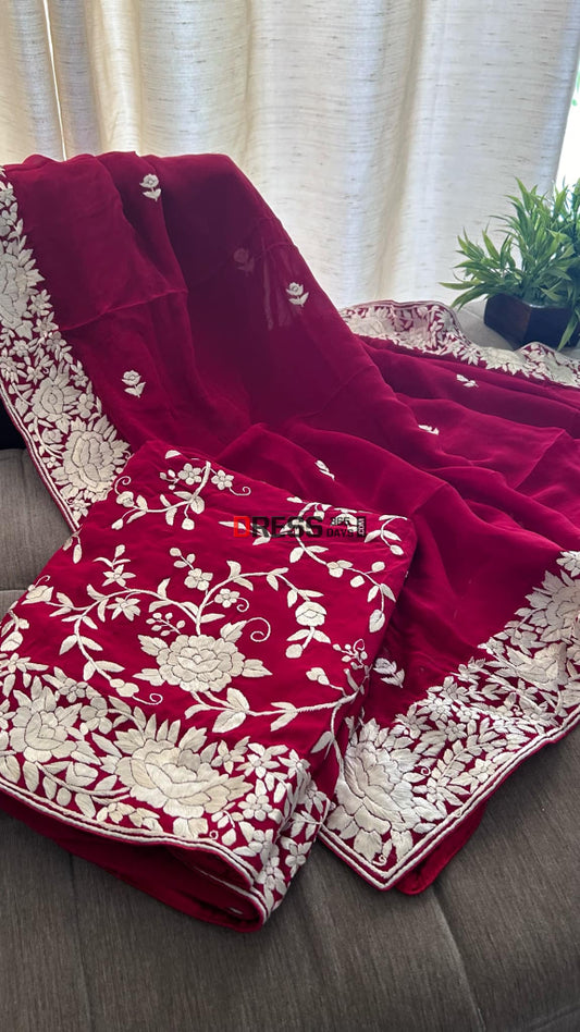 Red & Ivory Parsi Gara Suit (Three Piece) Suits