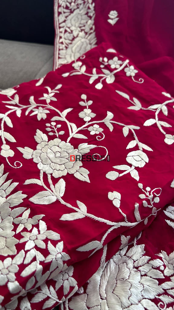 Red & Ivory Parsi Gara Suit (Three Piece) Suits