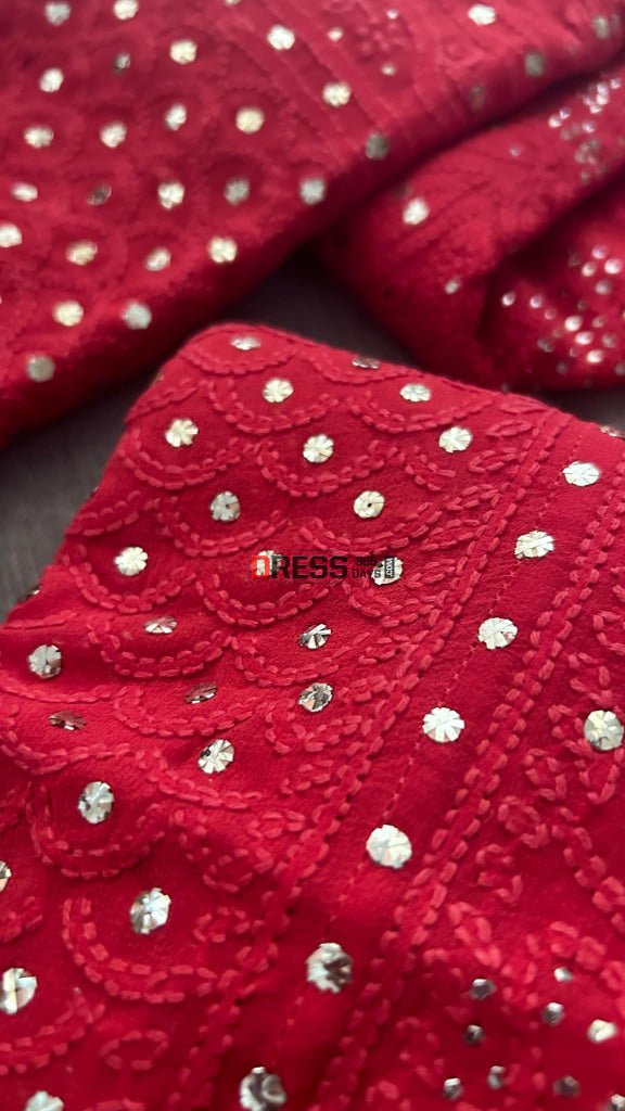 Red Lucknow Chikankari Mukaish Lehenga Set