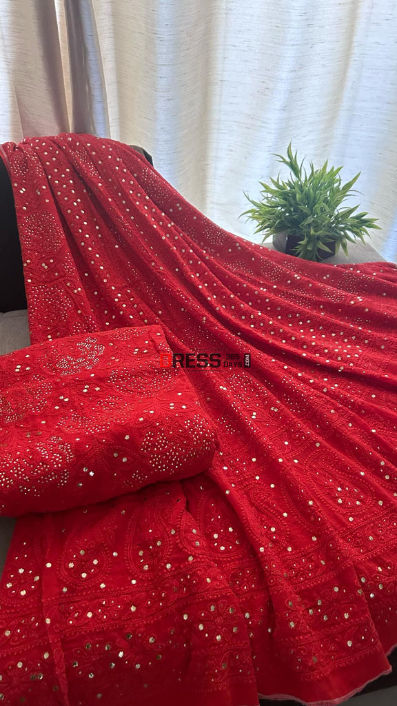 Red Lucknow Chikankari Mukaish Lehenga Set