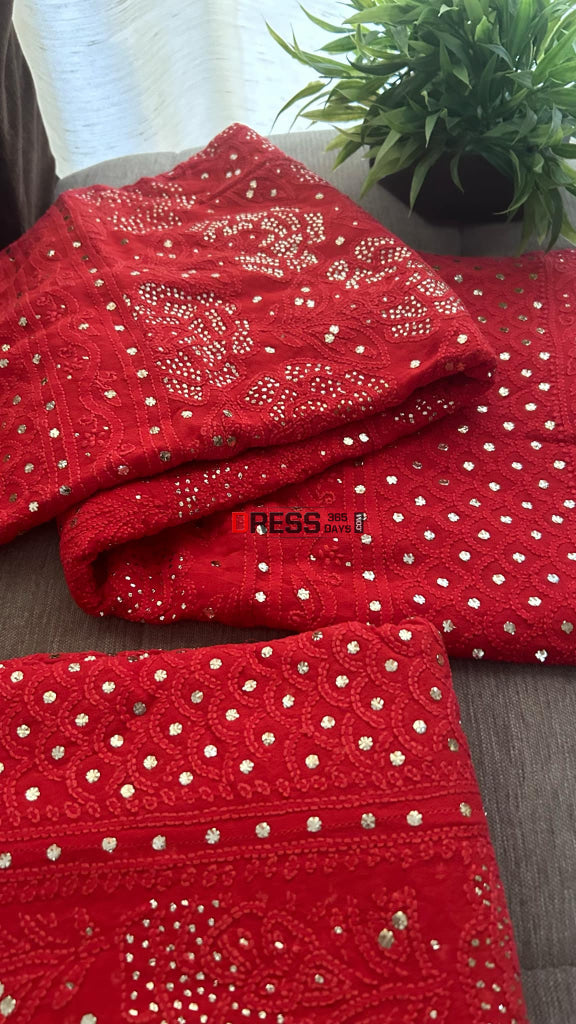 Red Lucknow Chikankari Mukaish Lehenga Set