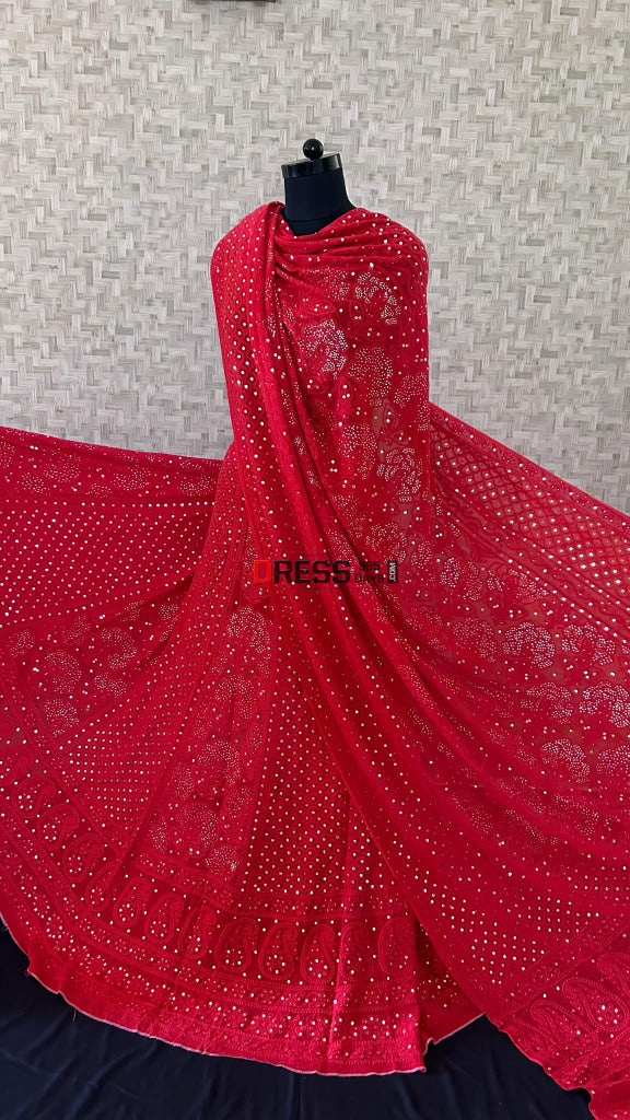 Red Lucknow Chikankari Mukaish Lehenga Set