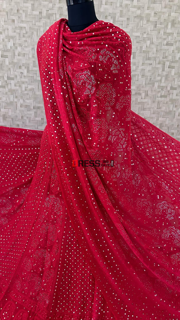 Red Lucknow Chikankari Mukaish Lehenga Set