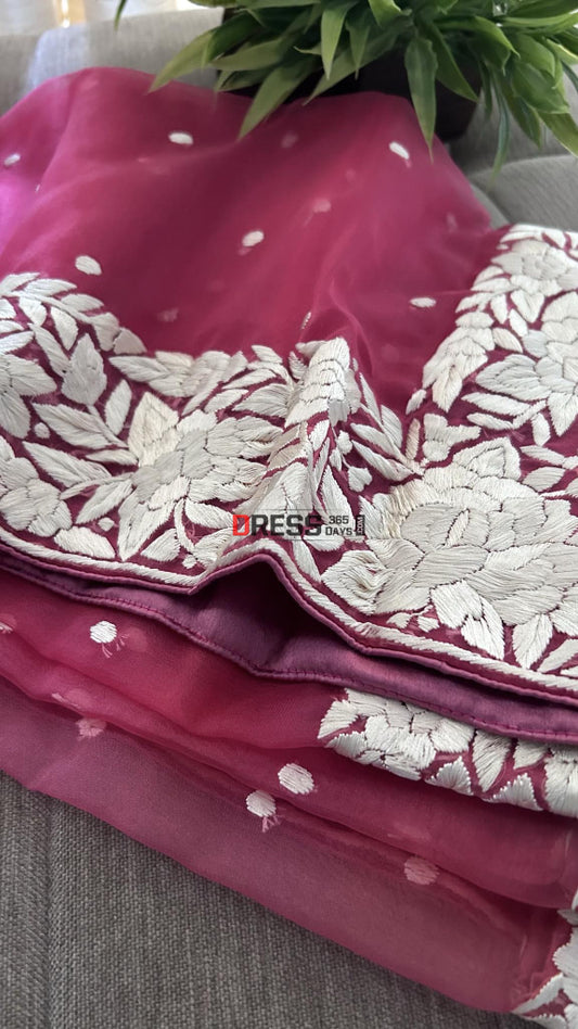 Rose Pink Organza Parsi Gara Hand Embroidered Dupatta