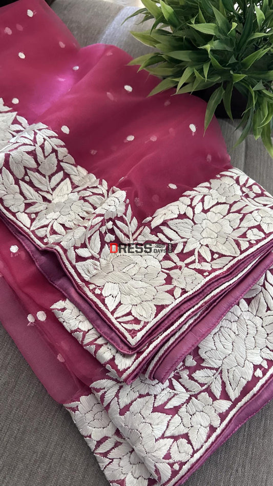 Rose Pink Organza Parsi Gara Hand Embroidered Dupatta