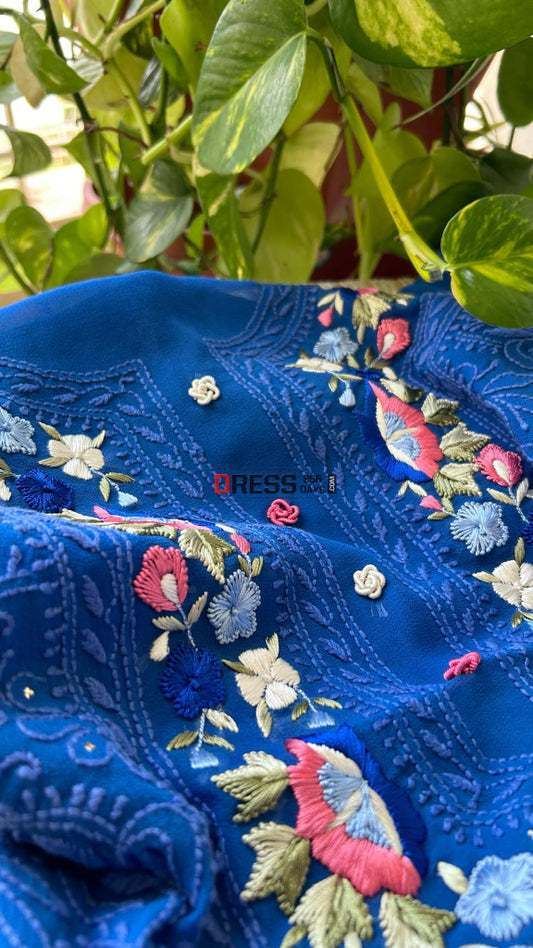 Royal Blue Chikankari Parsi Gara Neckline Kurta Dupatta Set Suits