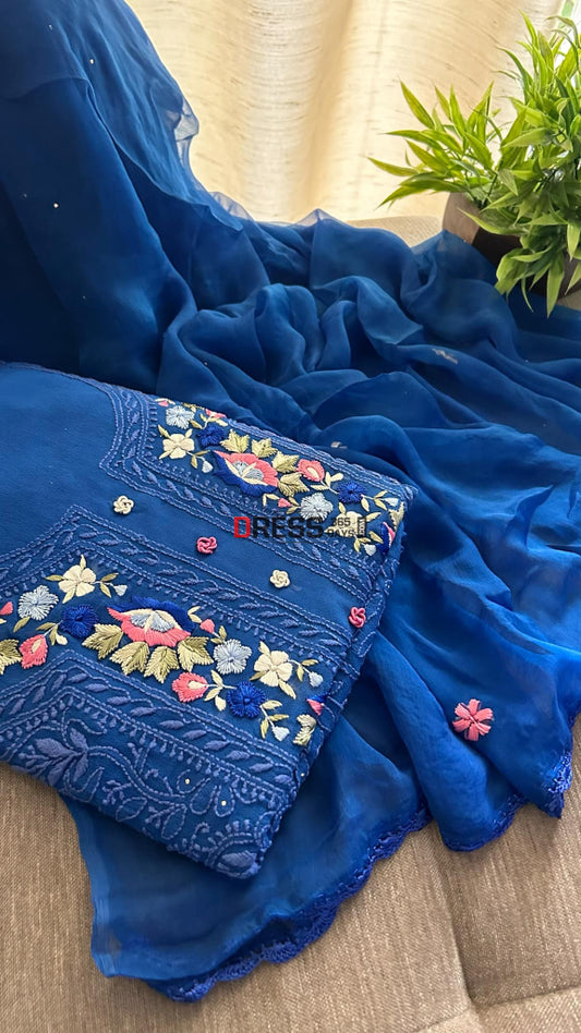 Royal Blue Chikankari Parsi Gara Neckline Kurta Dupatta Set Suits