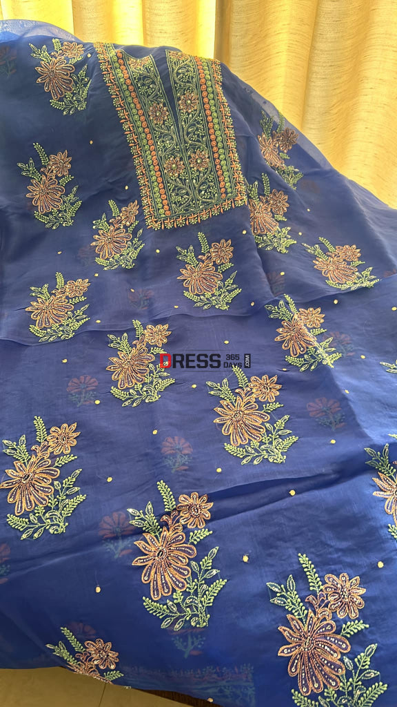 Royal Blue Organza Chikankari Suit (Kurta & Dupatta) Suits