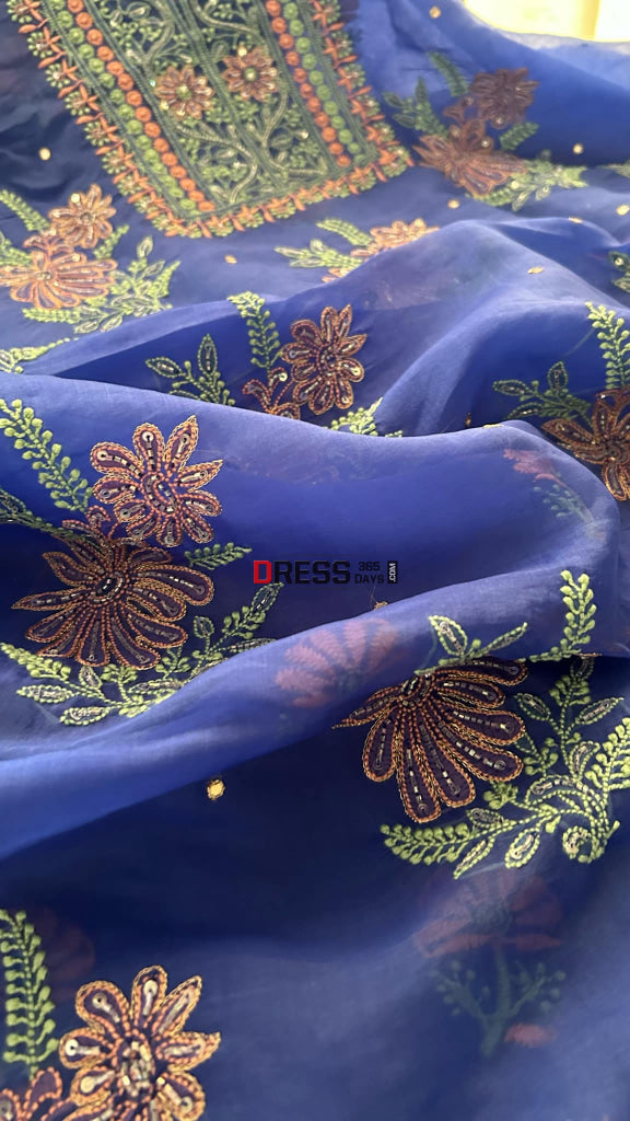 Royal Blue Organza Chikankari Suit (Kurta & Dupatta) Suits