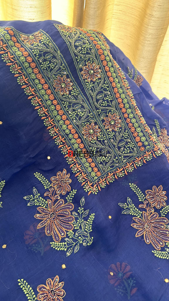 Royal Blue Organza Chikankari Suit (Kurta & Dupatta) Suits