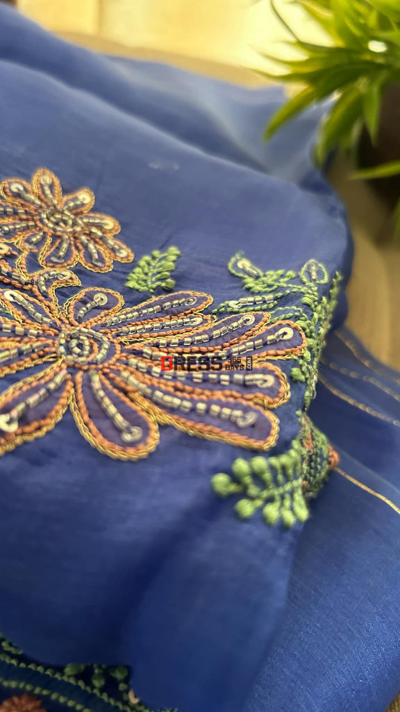 Royal Blue Organza Chikankari Suit (Kurta & Dupatta) Suits