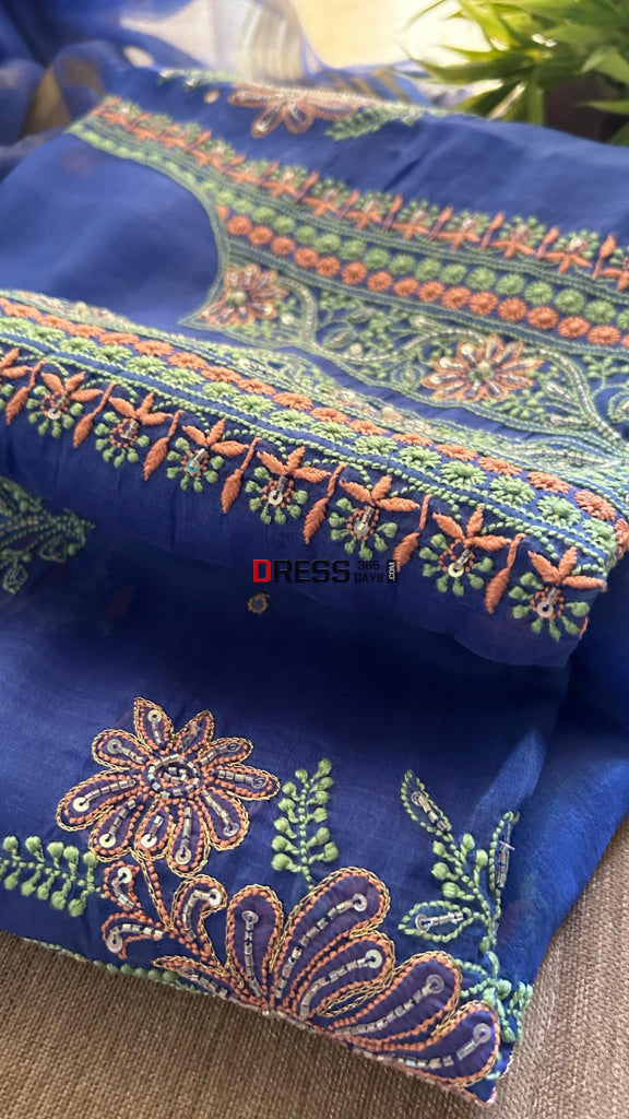 Royal Blue Organza Chikankari Suit (Kurta & Dupatta) Suits