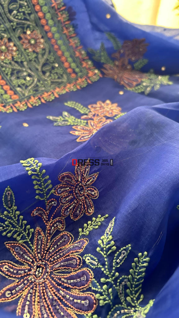 Royal Blue Organza Chikankari Suit (Kurta & Dupatta) Suits