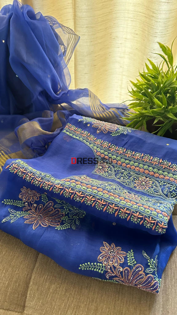 Royal Blue Organza Chikankari Suit (Kurta & Dupatta) Suits