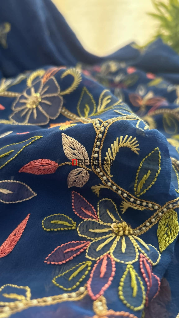 Royal Blue Parsi Gara & Chikankari Pearl Suit Suits