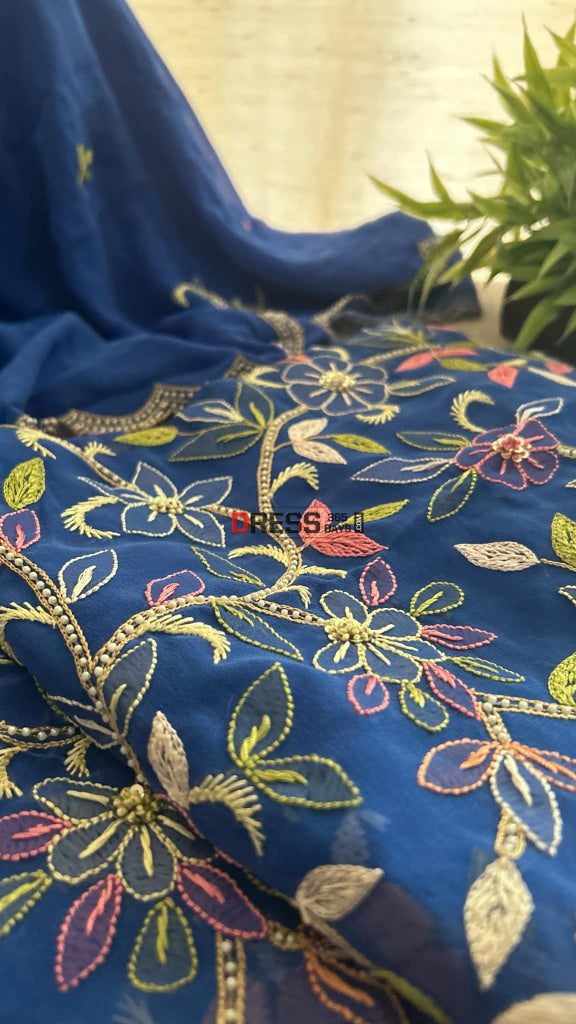 Royal Blue Parsi Gara & Chikankari Pearl Suit Suits