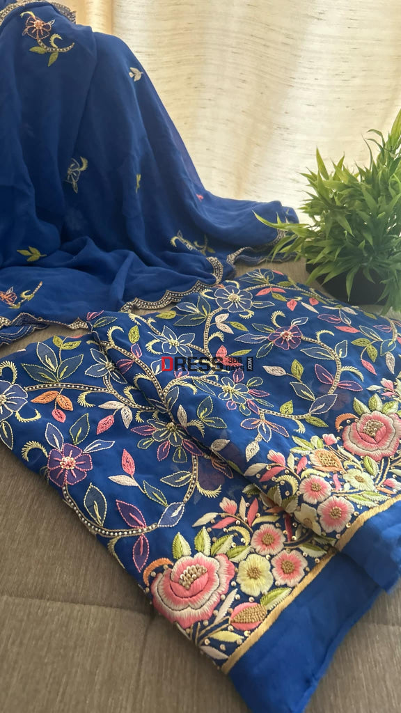 Royal Blue Parsi Gara & Chikankari Pearl Suit Suits