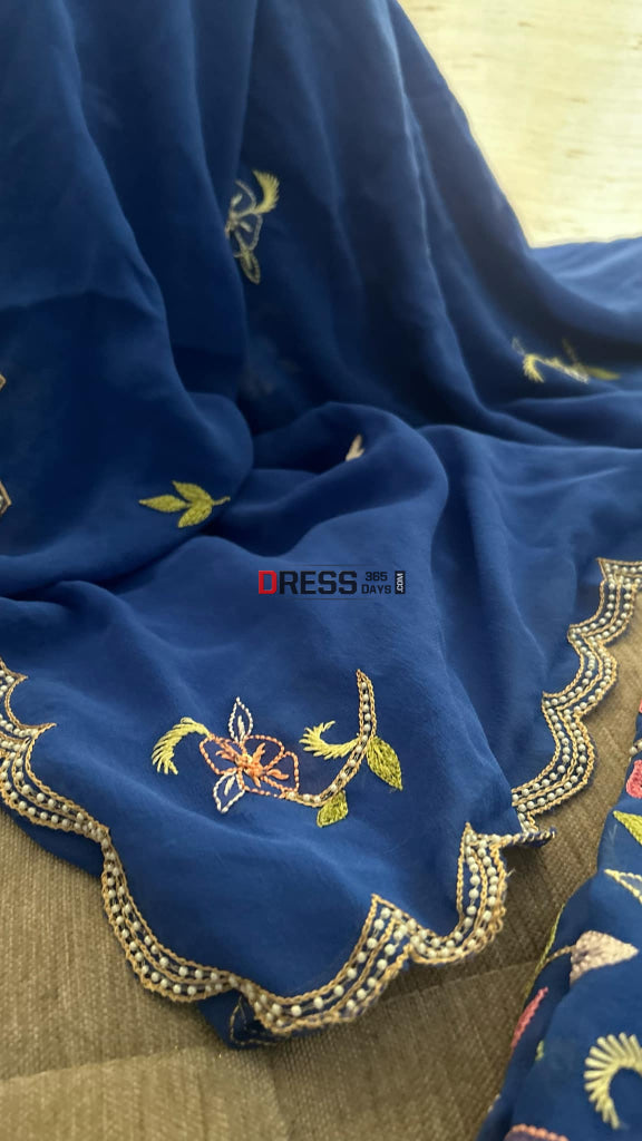 Royal Blue Parsi Gara & Chikankari Pearl Suit Suits