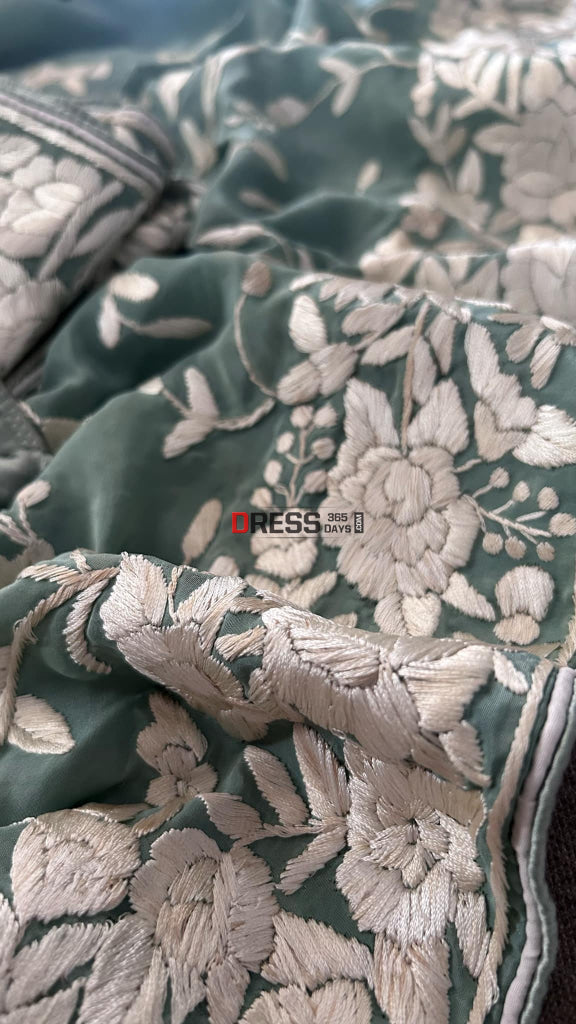 Sage Green Floral Parsi Gara Suit (Three Piece) Parsi Gara Suits