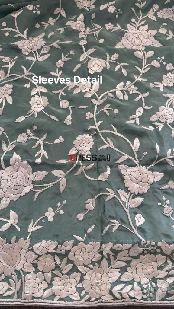 Sage Green Floral Parsi Gara Suit (Three Piece) Parsi Gara Suits