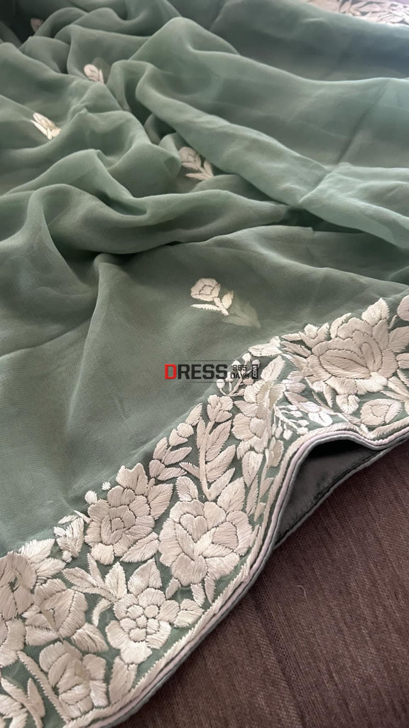 Sage Green Floral Parsi Gara Suit (Three Piece) Parsi Gara Suits