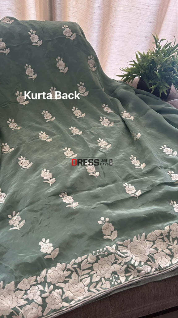 Sage Green Floral Parsi Gara Suit (Three Piece) Parsi Gara Suits